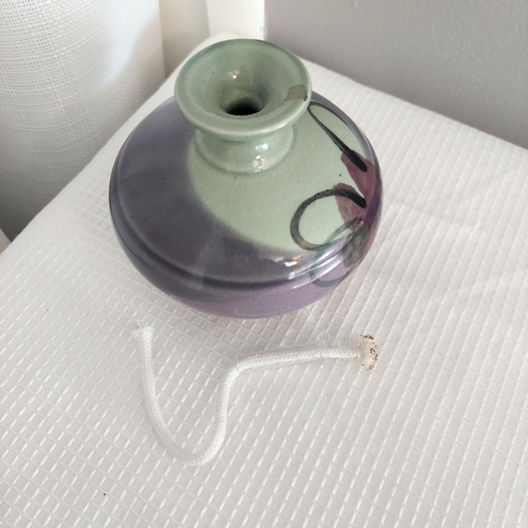 Follette Pottery Oil Lamp Green Purple Glazed Floral Stoneware Cotton Wick - Picture 5 of 9